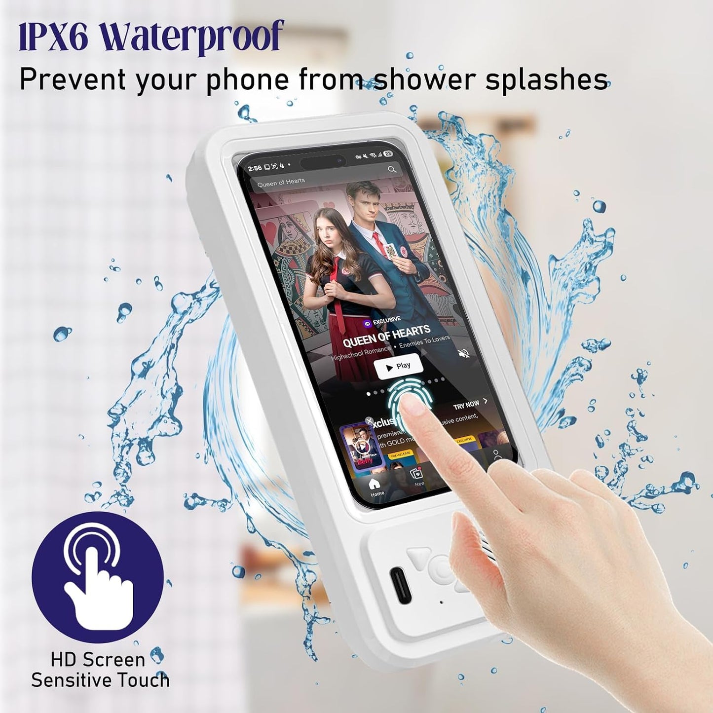 Shower Phone Holder with Wireless Bluetooth Speaker, Waterproof 480 Rotation Viewable Shower Phone Stand Case Mount Speakers for Bathroom Wall Mirro for 4"- 6.8" Cell Phones ,Gift for Mom(White)