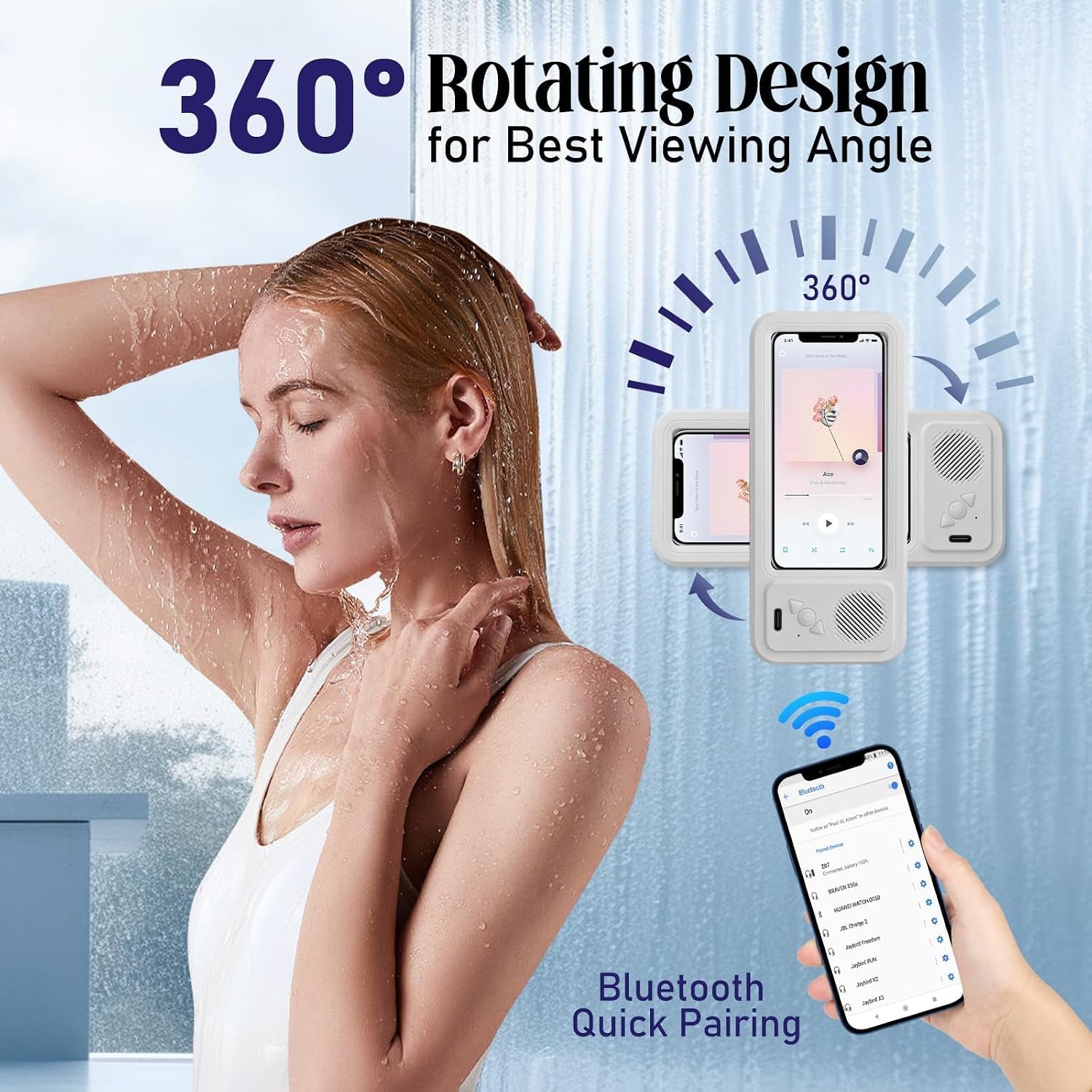 Shower Phone Holder with Wireless Bluetooth Speaker, Waterproof 480 Rotation Viewable Shower Phone Stand Case Mount Speakers for Bathroom Wall Mirro for 4"- 6.8" Cell Phones ,Gift for Mom(White)